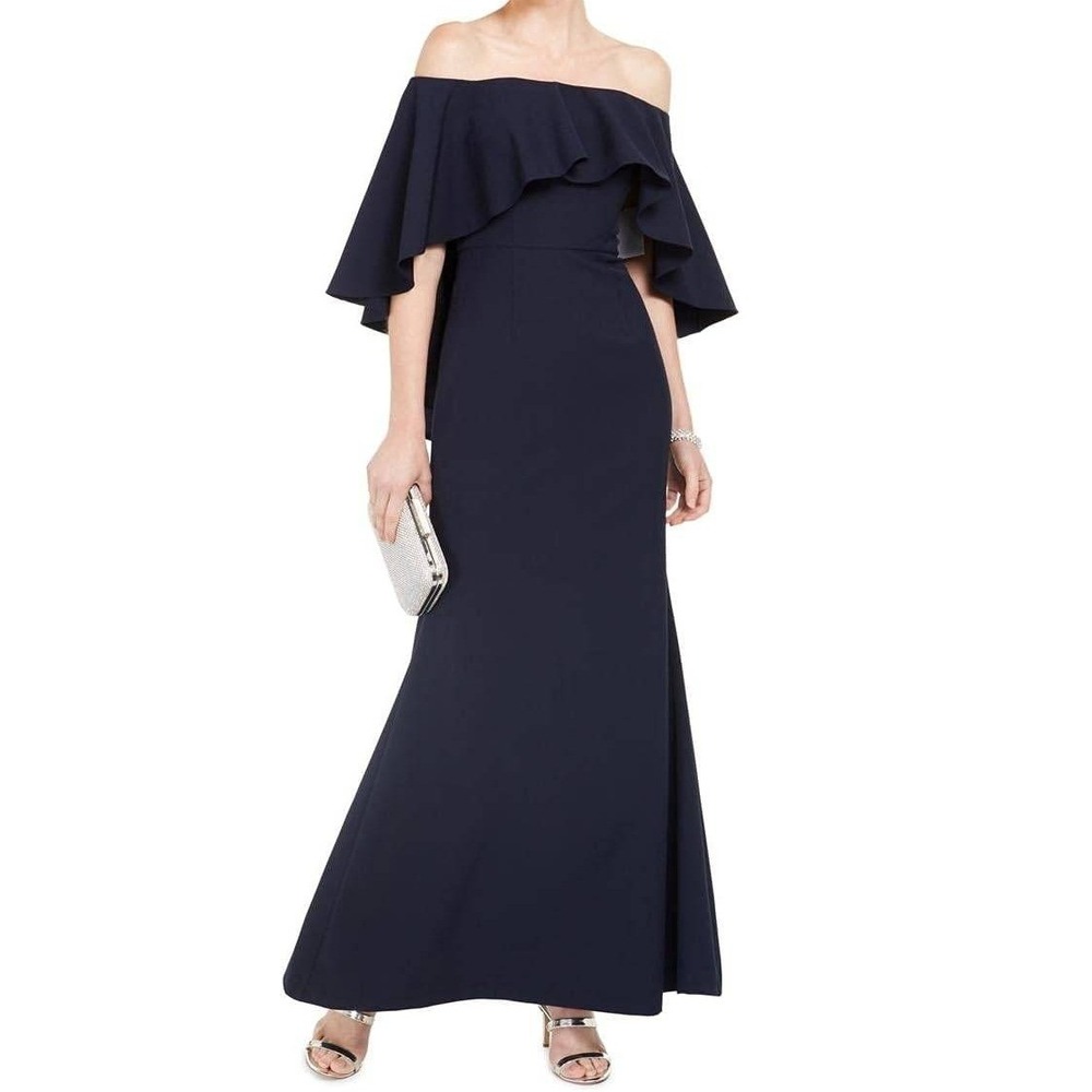 VINCE Camuto Navy Blue Off Shoulder Ruffle Cape Formal Gown Size 8 NWT $238 - Picture 2 of 10